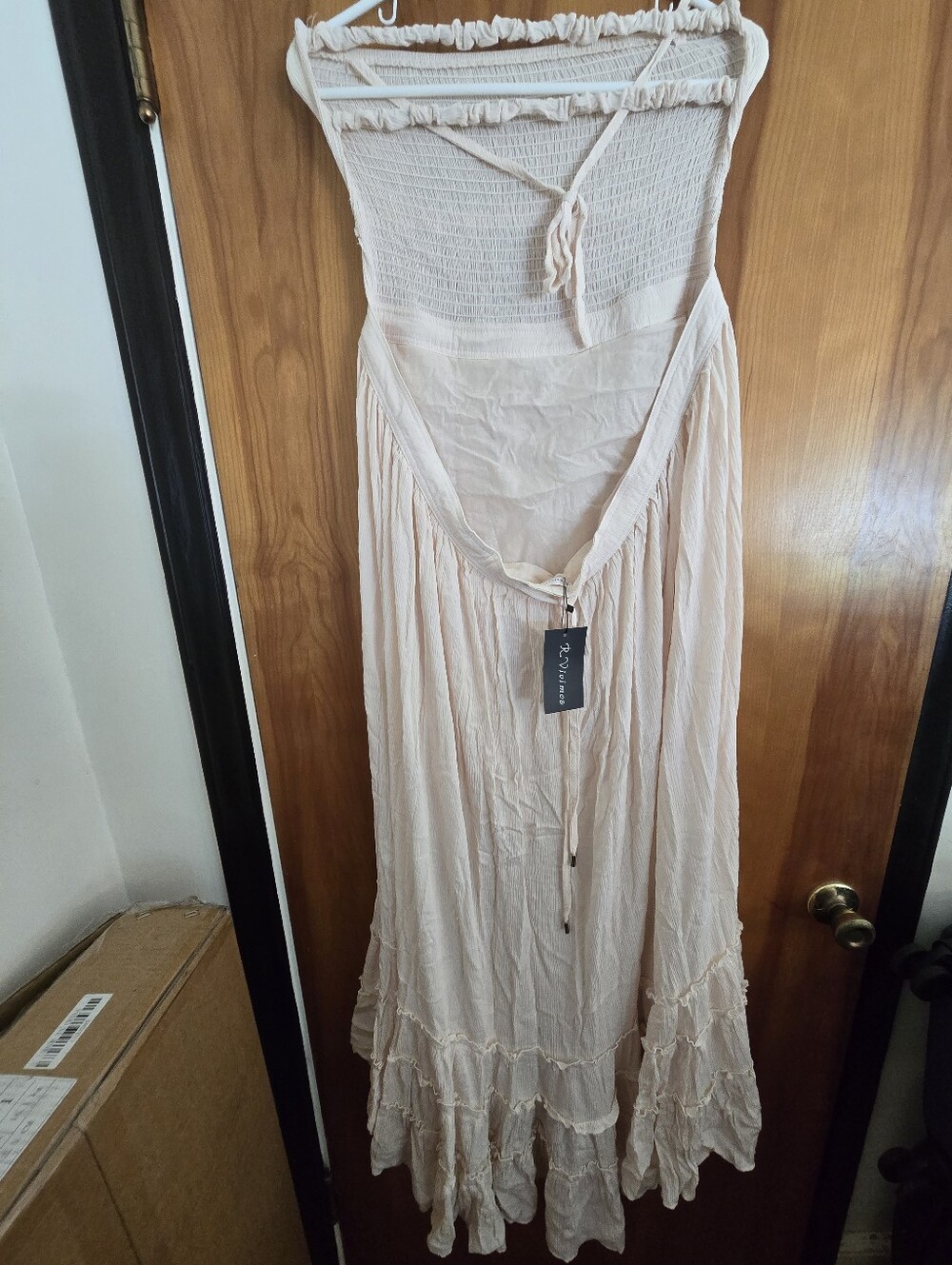 Boho Smocked Strapless Maxi Dress in Light Beige